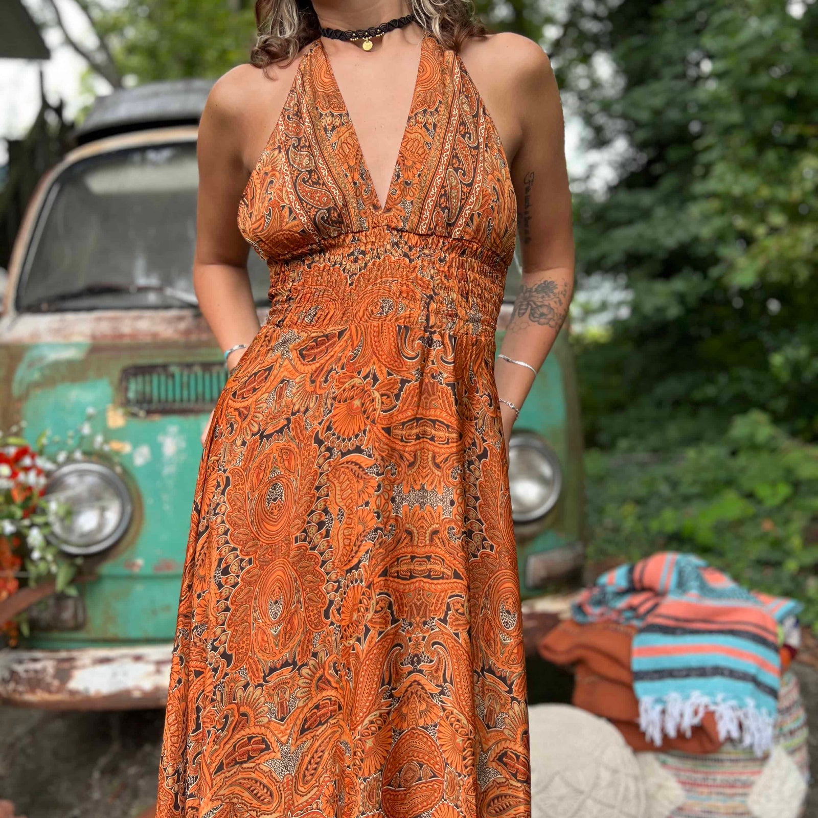 Side view of bohemian long back bow maxi silk dress