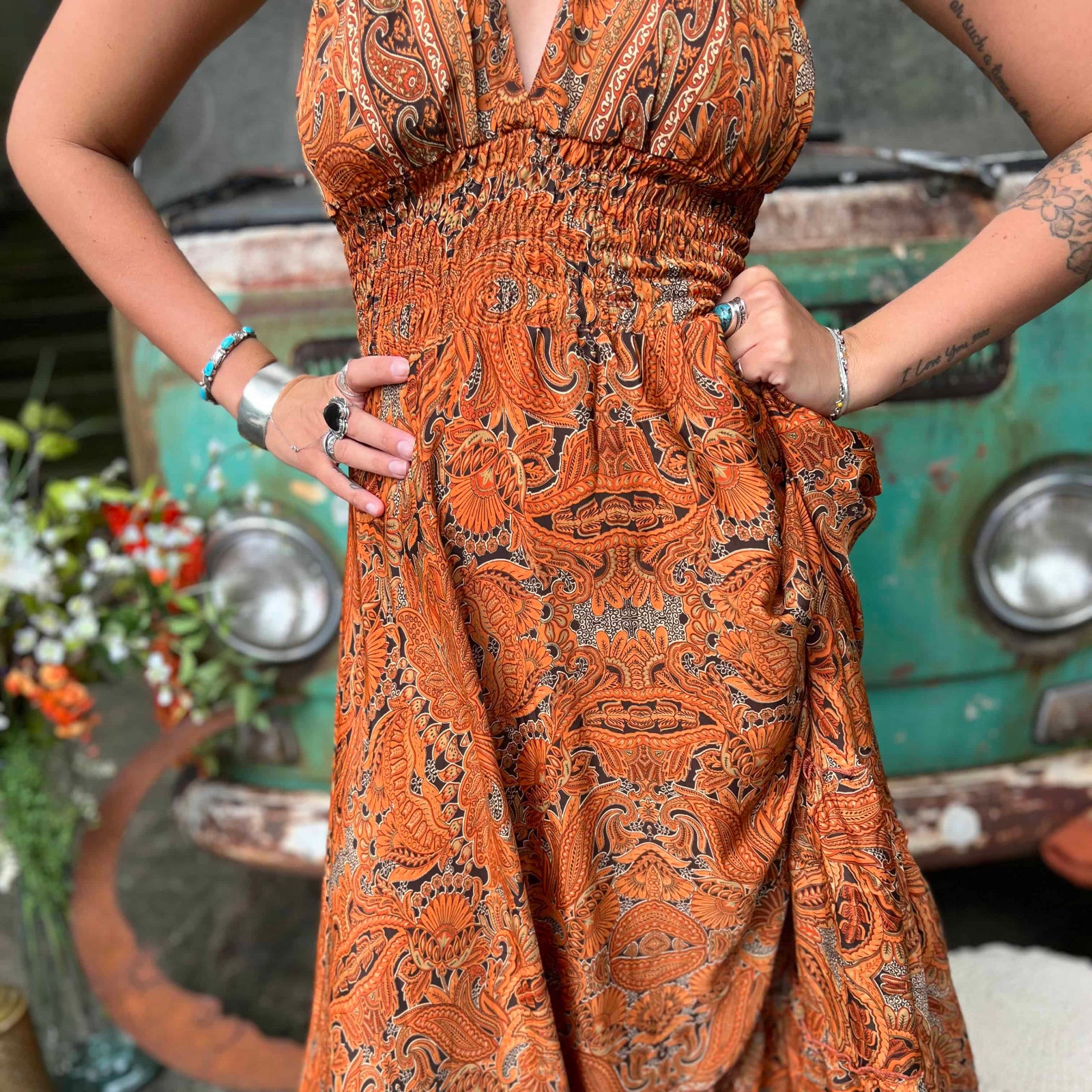 Full-length view of silk festival boho maxi dress in natural light