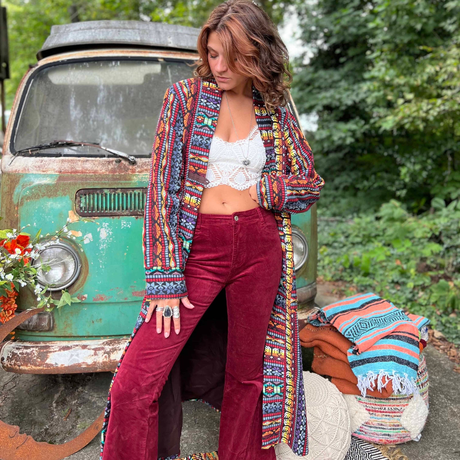 Oversized boho unisex trench coat styled in fashion photo