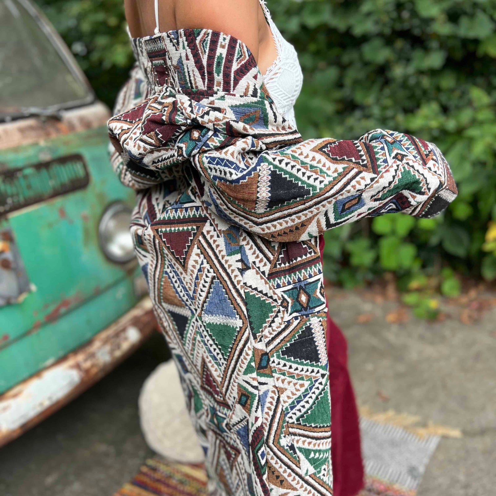 Boho trench coat unisex style layered over dress outfit