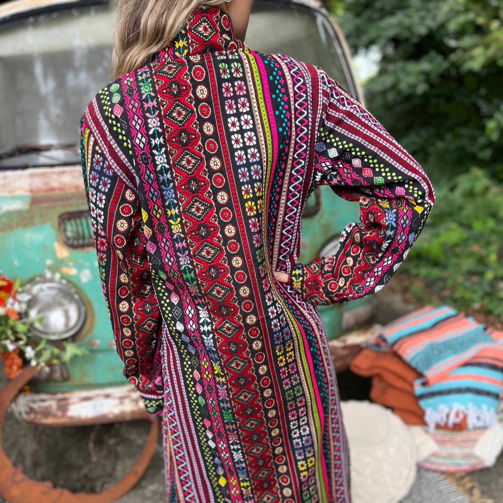 Floor-length hippie style unisex trench coat with button closure