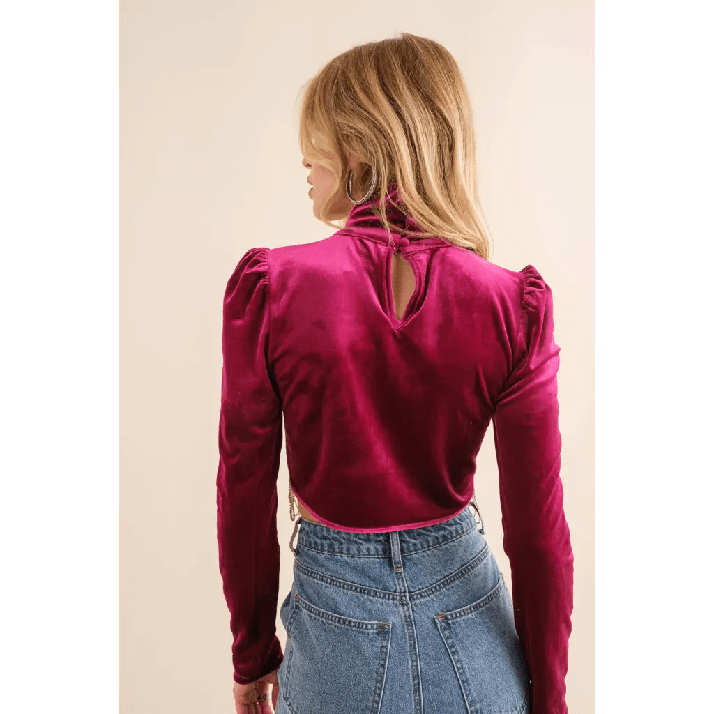 Velvet Stretch Mock Neck Puff Shoulder Crop Top