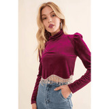Velvet Stretch Mock Neck Puff Shoulder Crop Top - Small
