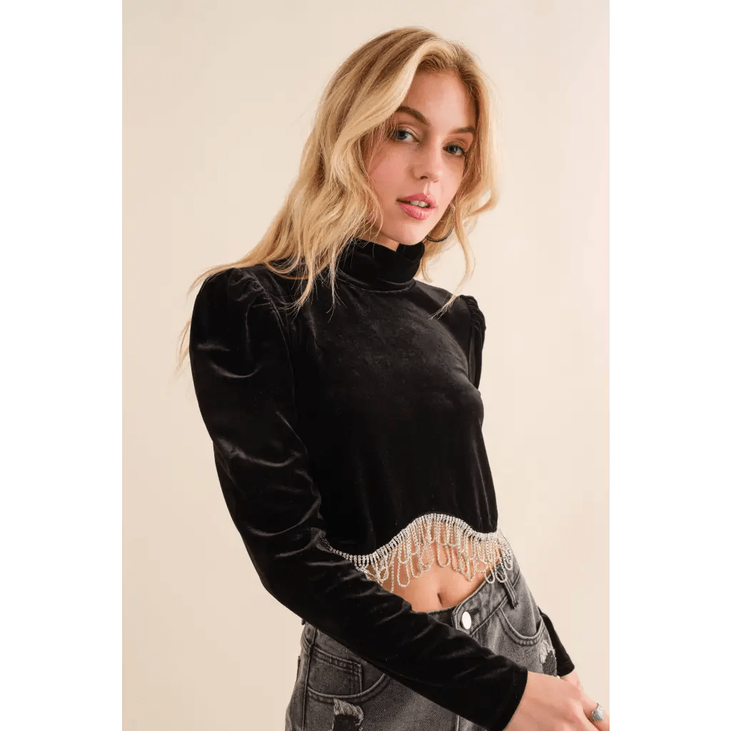 Velvet Stretch Mock Neck Puff Shoulder Crop Top