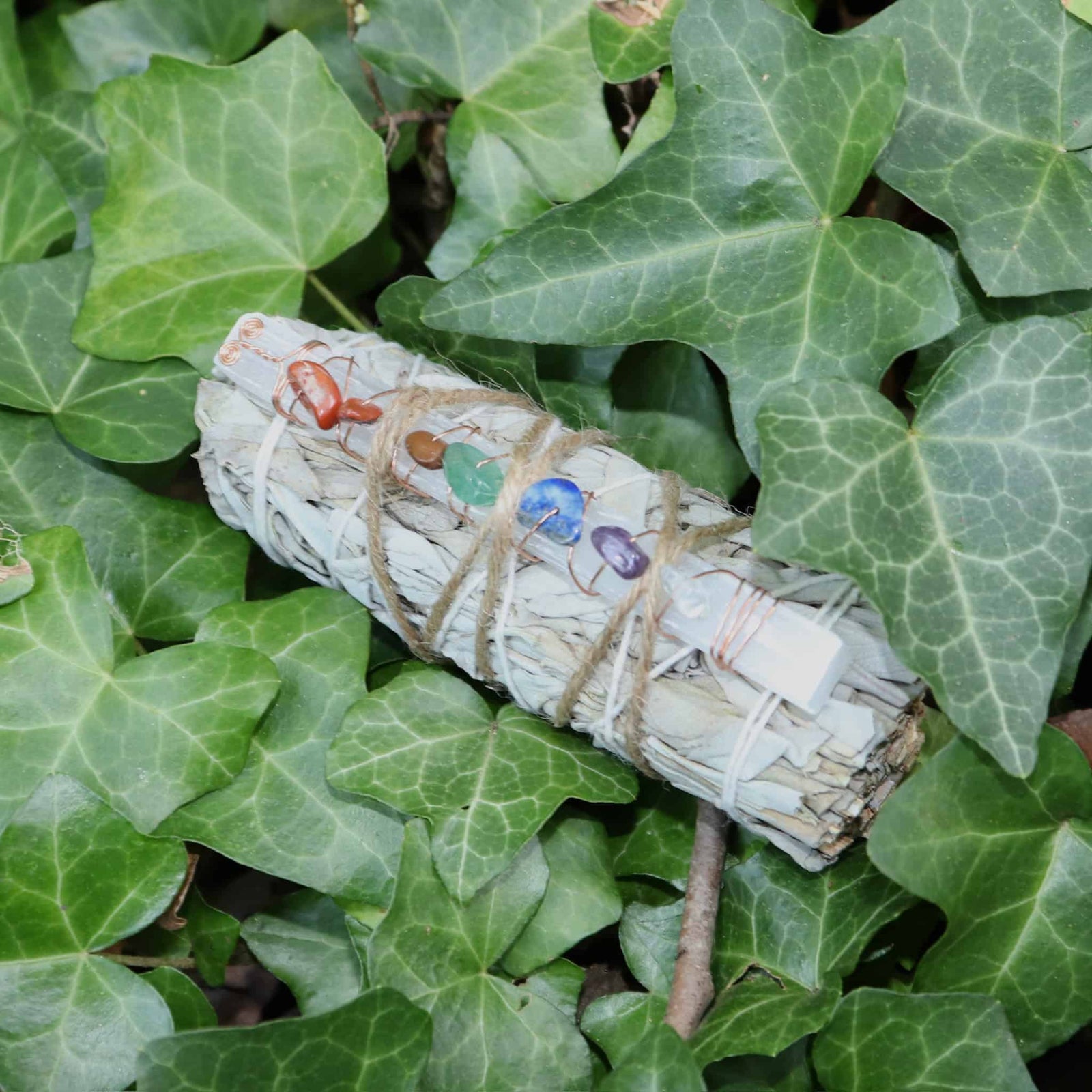 Sage bundle with colorful stones tied with twine on green leaves