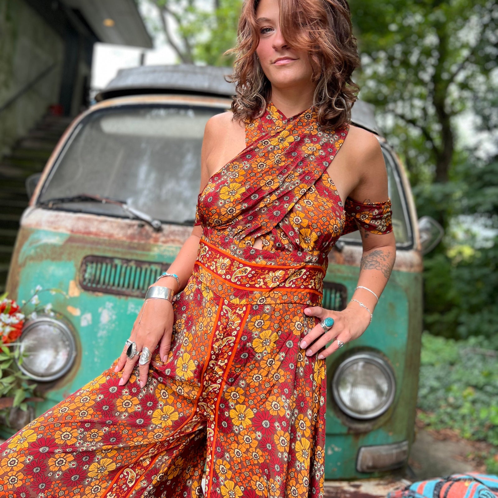 Colorful festival jumpsuit with wide legs and halter neckline