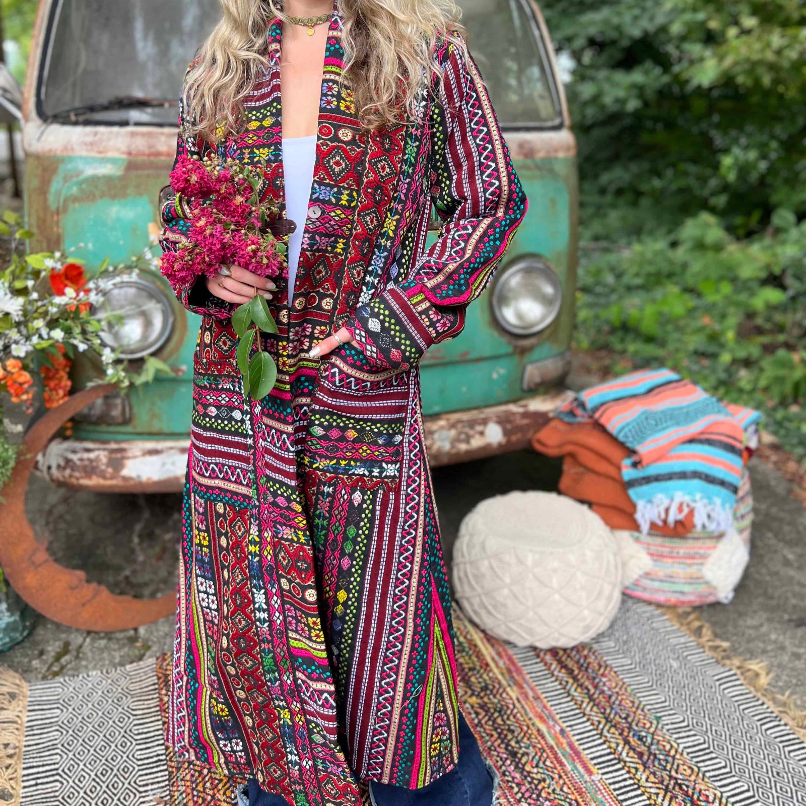 Natural cotton handmade boho trench coat front view