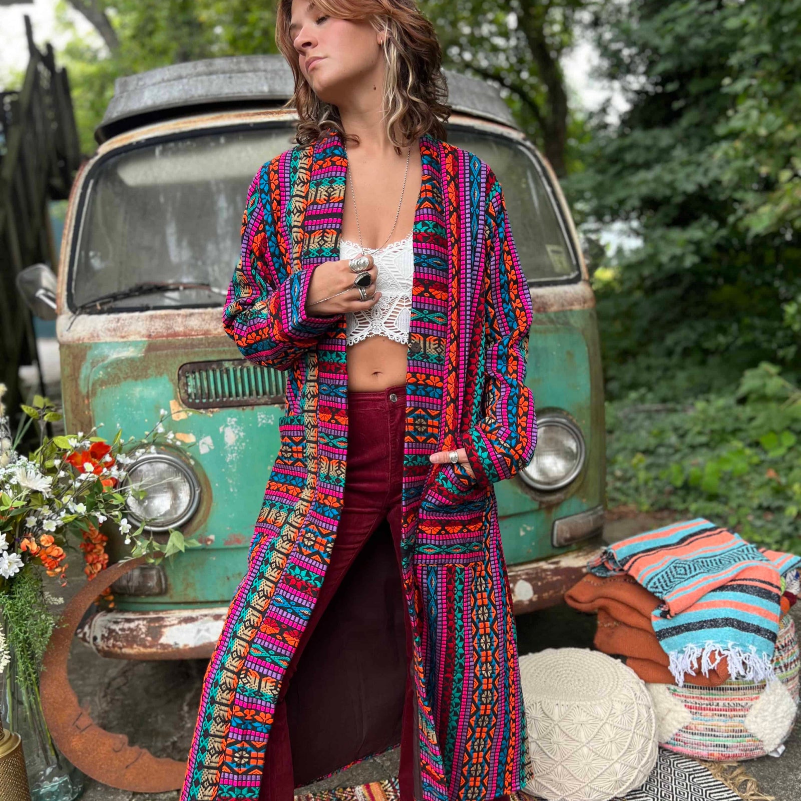 Open front cotton hippie boho long jacket