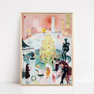 Vintage Christmas Wall Art Print | Pink Winter City