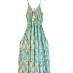 Light blue dress with floral pattern on a hanger against a white background
