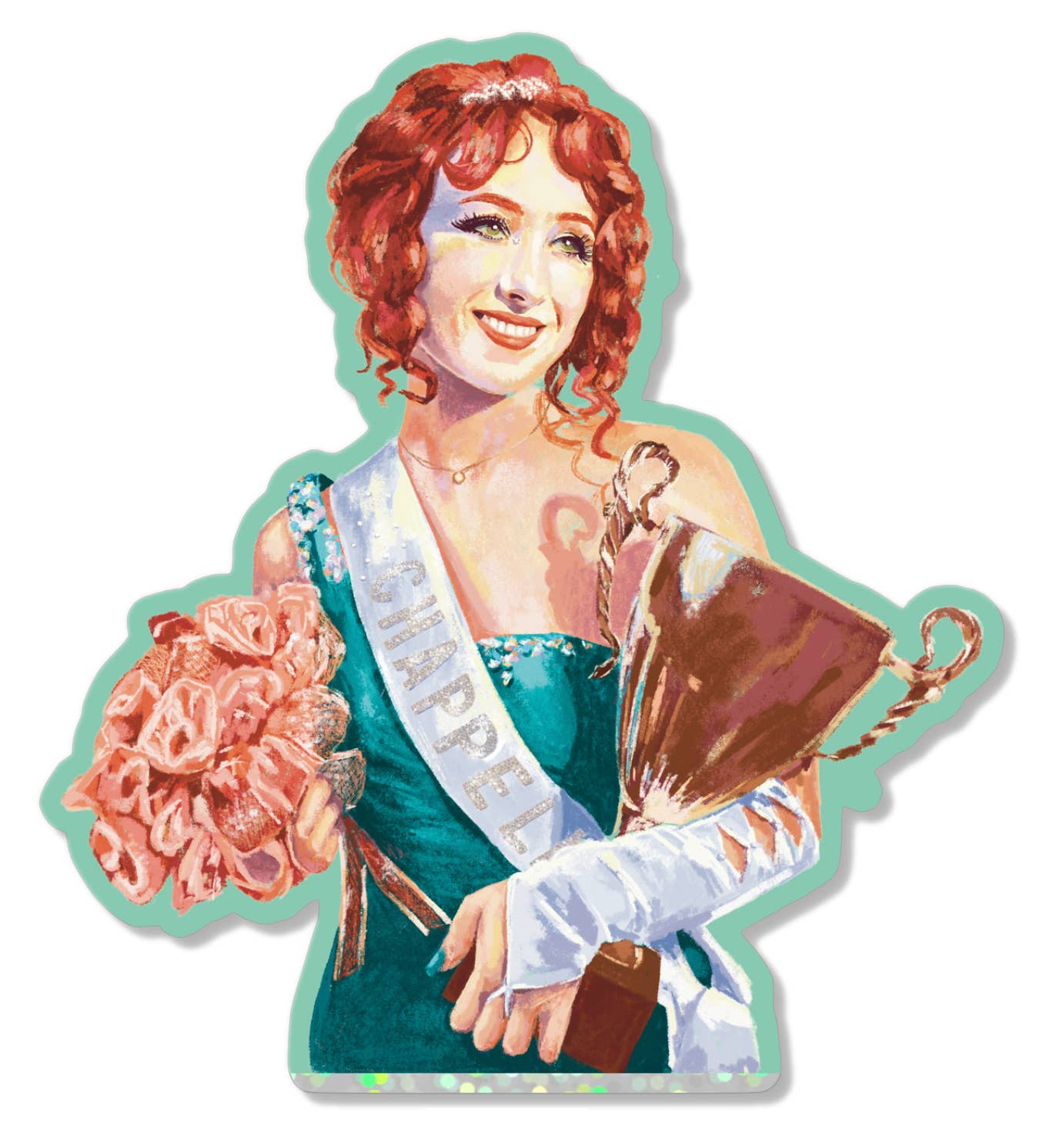 A Chappell Roan sticker depicting a female figure with red hair, wearing a green dress and a sash, holding a trophy and a bouquet of flowers.