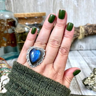 Labradorite Heart Crystal Ring in Sterling Silver Adjustable