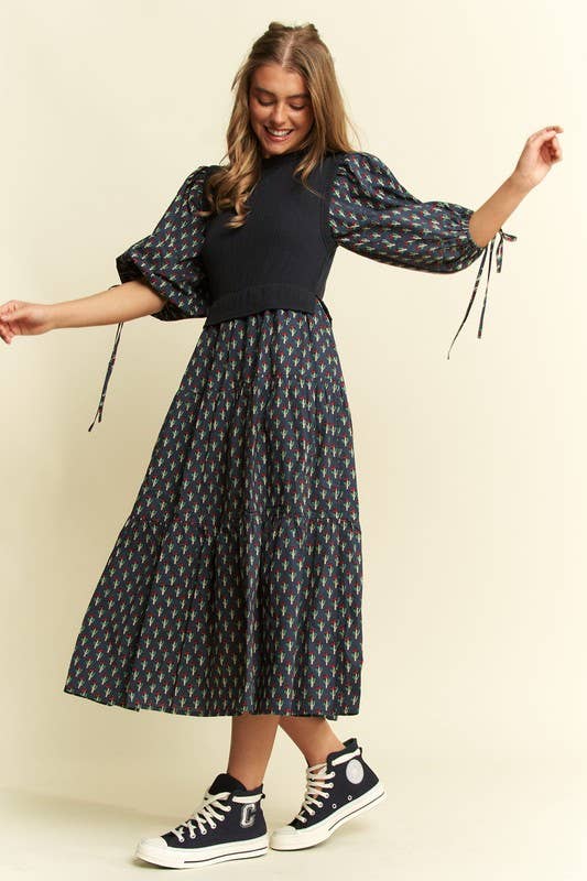 Floral Print Midi Dress - Olive/Navy
