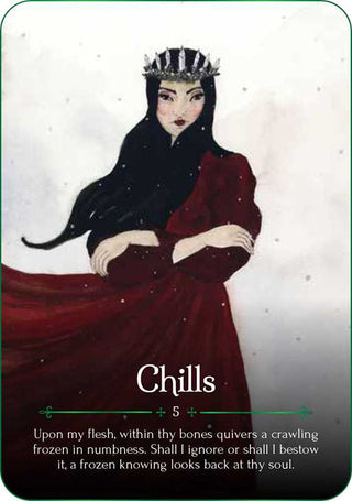 One of the oracle cards with a drawing of a black-haired woman in a red dress.