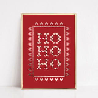 Christmas Wall Art Print | Red Ho Ho Ho Cross Stitch