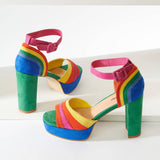Rainbow Suede Peep Toe Pumps