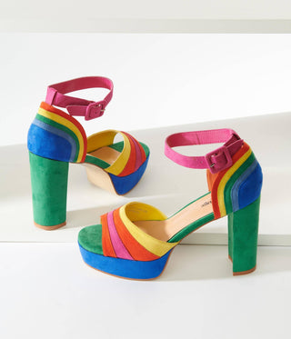 Rainbow Suede Peep Toe Pumps