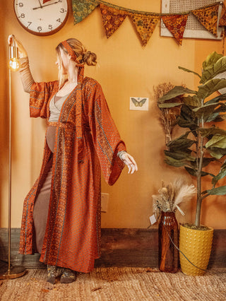 Earthy Orange Silk Bohemian Kimono