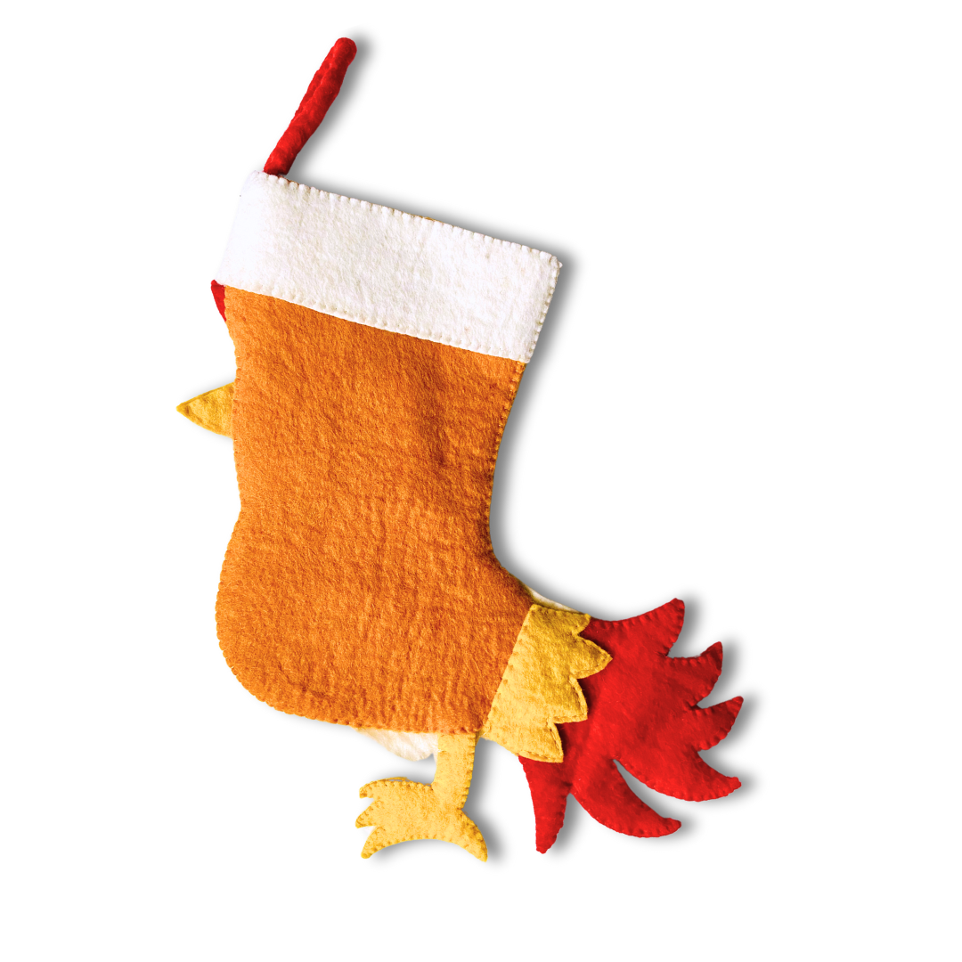 Turkey-shaped Christmas stocking with orange body, red wings, and yellow feet on a white background.