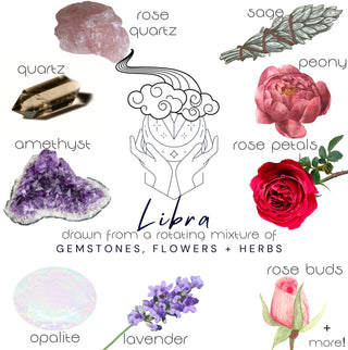 Crystals, flowers, and herbs that pair well with Libra all on a white background.