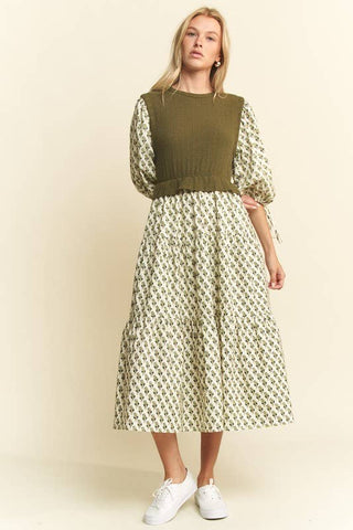 Floral Print Midi Dress - Olive/Navy