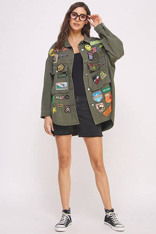 Multi Patch Oversize Olive Jacket - Plus Size