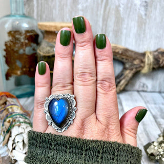 Labradorite Heart Crystal Ring in Sterling Silver Adjustable