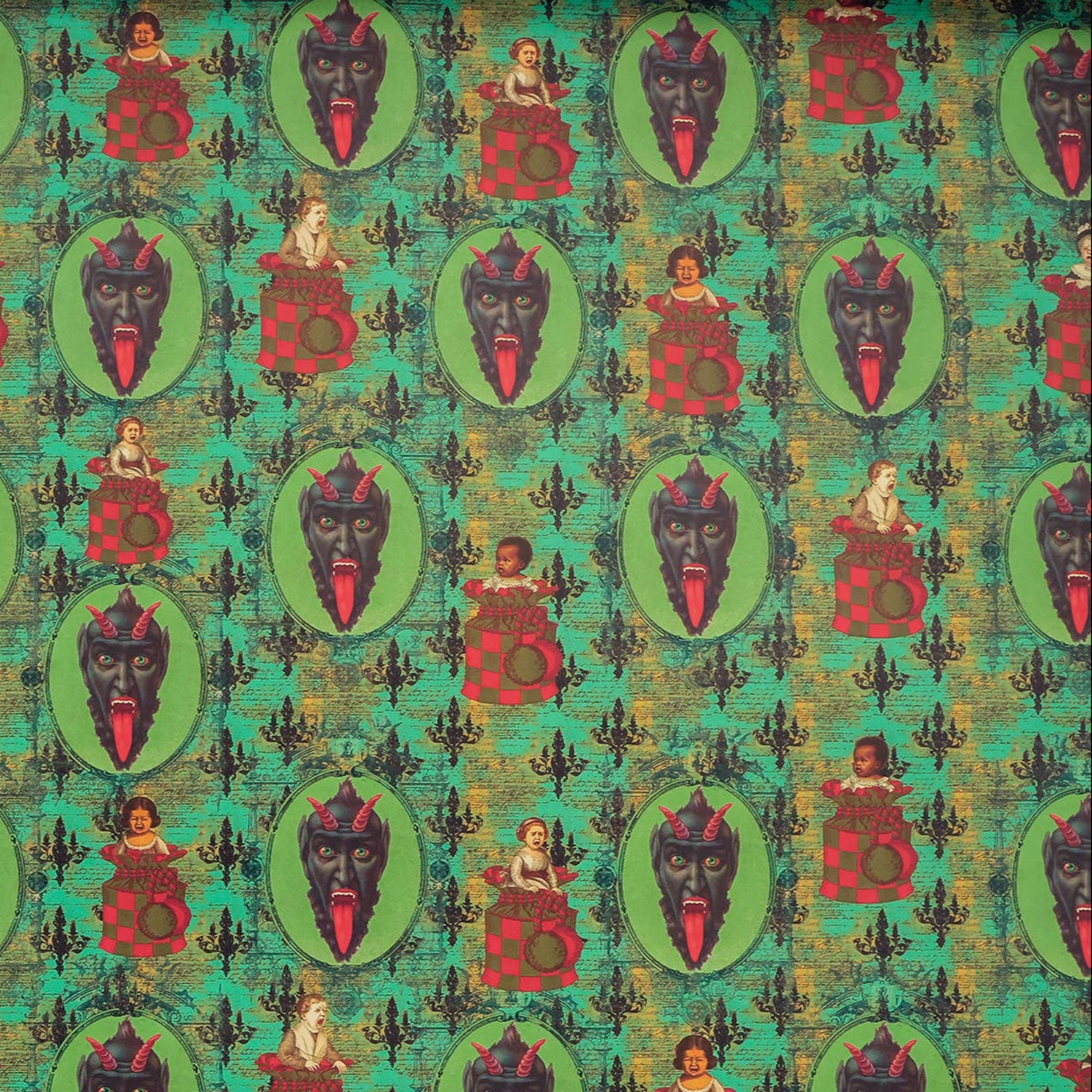 An image showing off the design from the Krampus Children Collage Matte Fine Wrapping Paper.