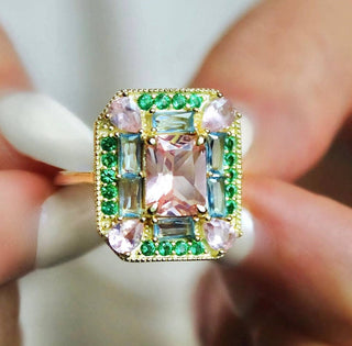 Emerald Morganite Mosaic Cocktail Ring