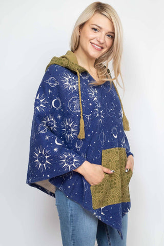 Boho Printed Poncho - Navy