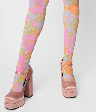 Retro Tights | 1960s Pink & Green Flower Power