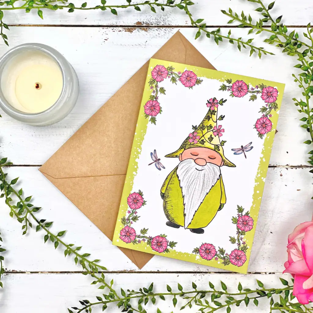 5x7 Joyful Green Flower Gnome Greeting Card Handmade in USA