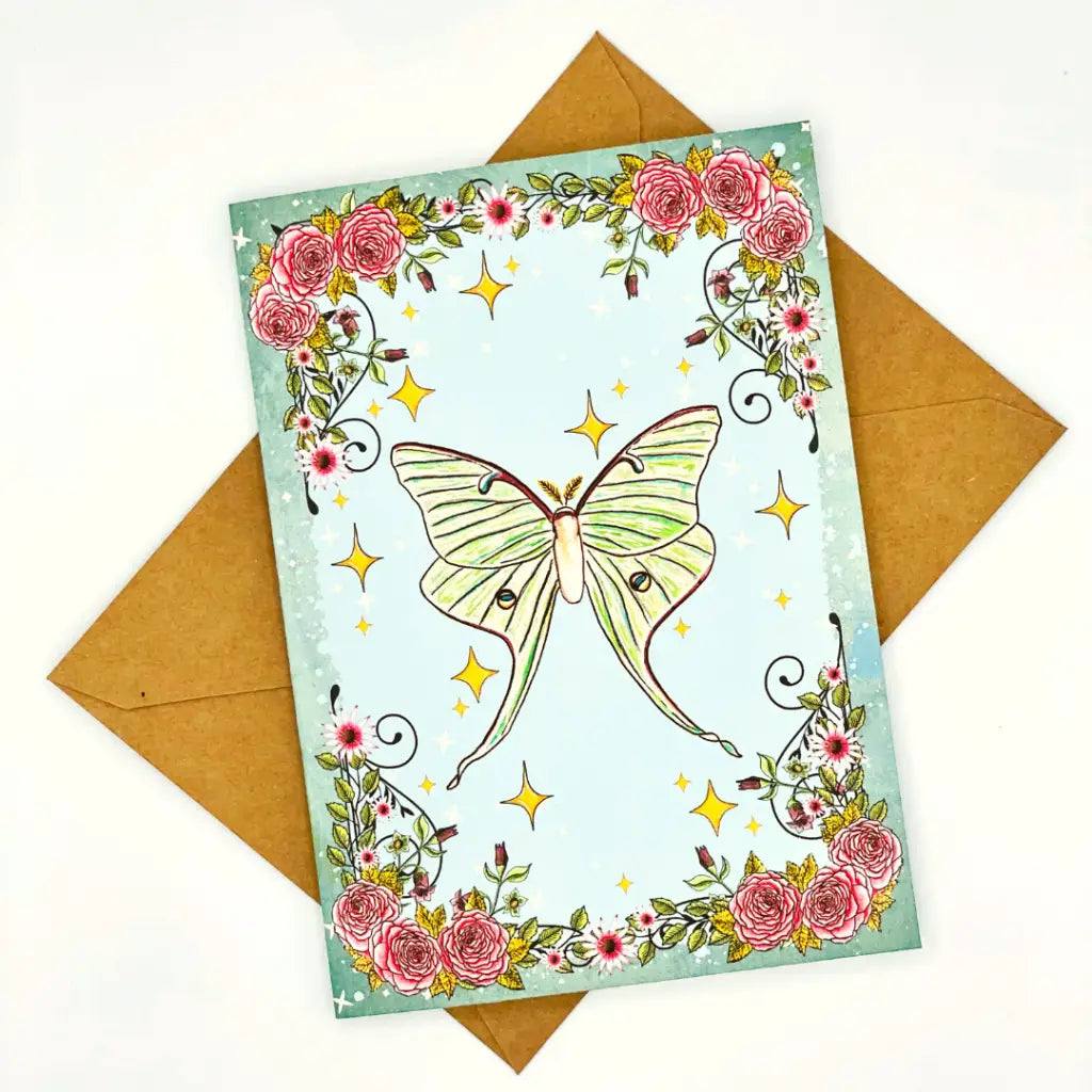 5x7 Witchy Blue Luna Moth Blank Greeting Card Handmade