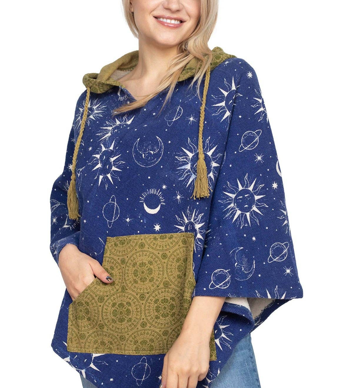 Boho Printed Poncho - Navy