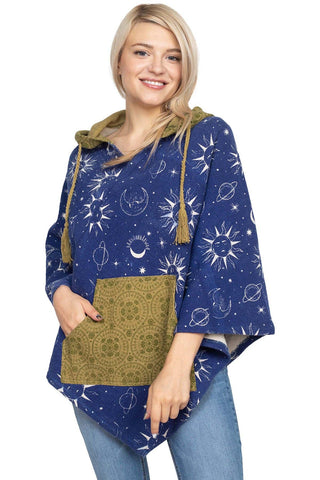 Boho Printed Poncho - Navy