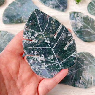 Moss Agate Monstera Leaf Carving