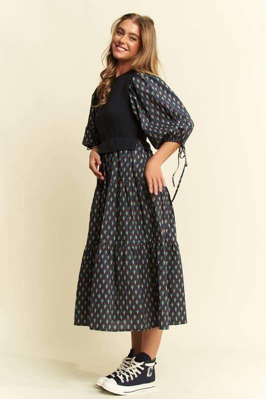 Floral Print Midi Dress - Olive/Navy