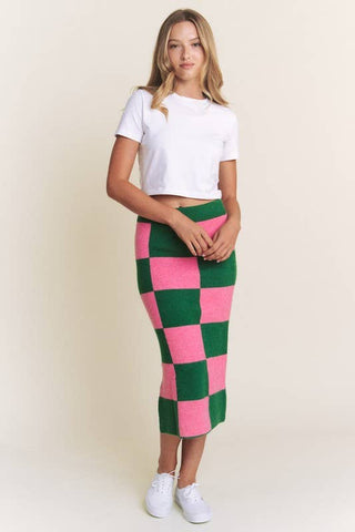 Checkered Knit Midi Skirt - Pink/Green