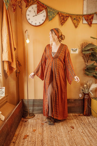 Earthy Orange Silk Bohemian Kimono