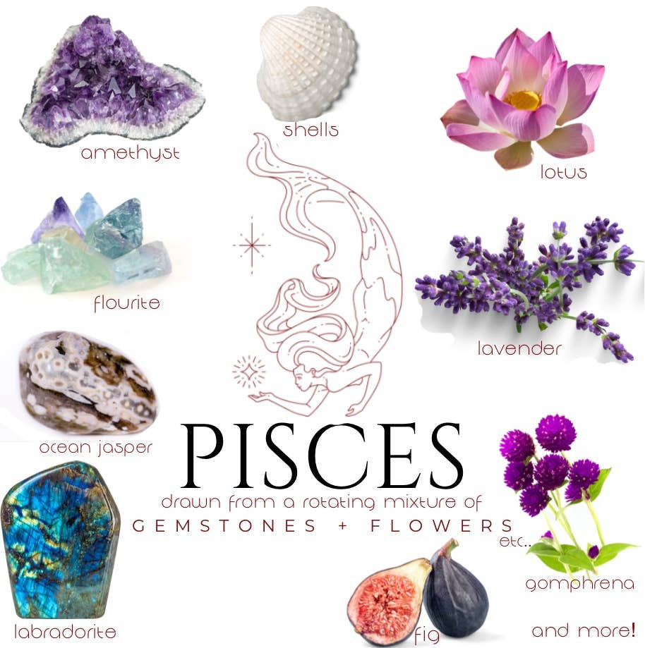 Crystals, flowers, and herbs that pair well with Pisces all on a white background.