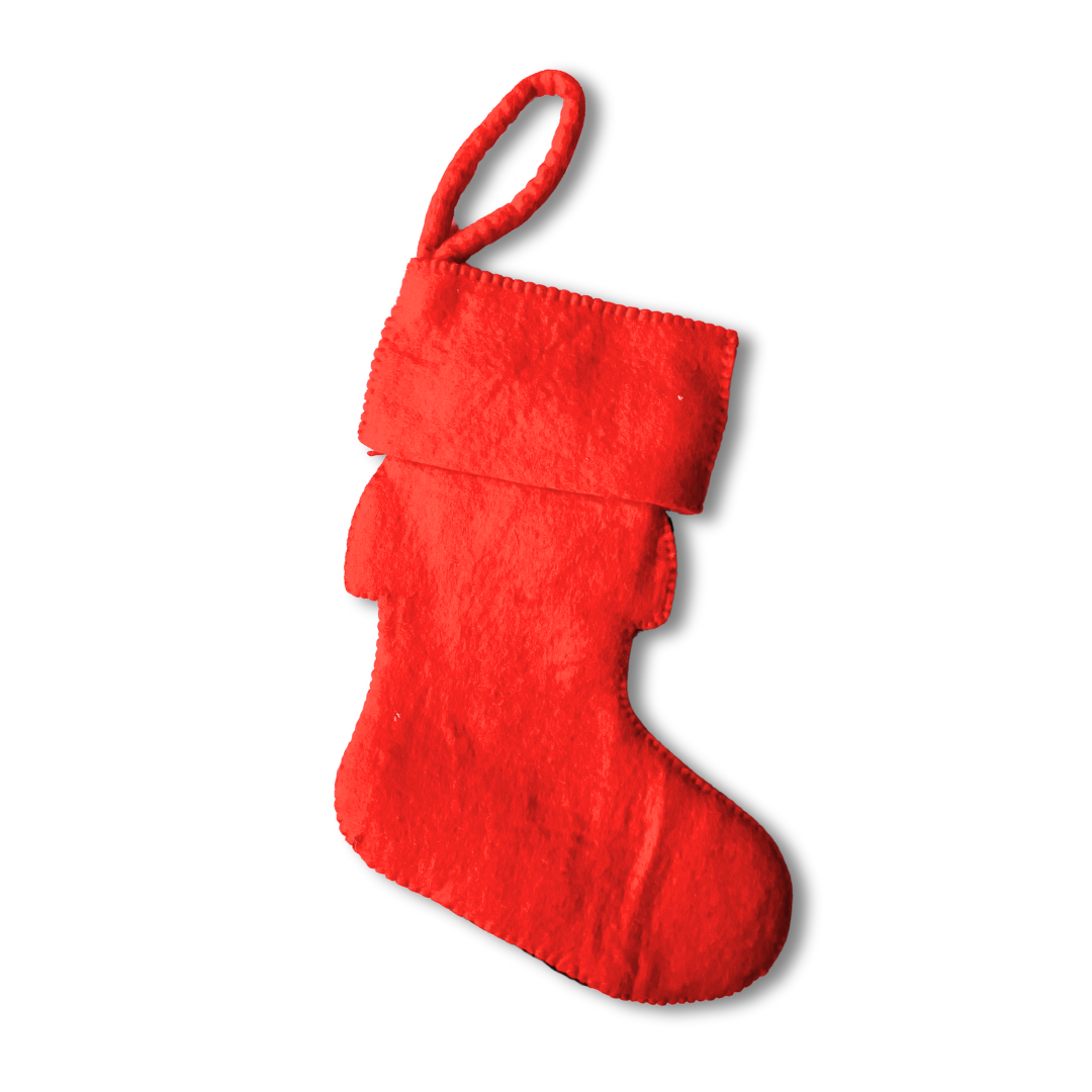Red Christmas stocking on a white background
