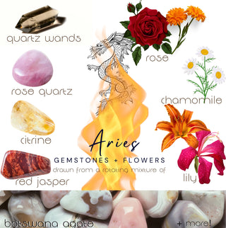 Crystals, flowers, and herbs that pair well with Aries all on a white background.