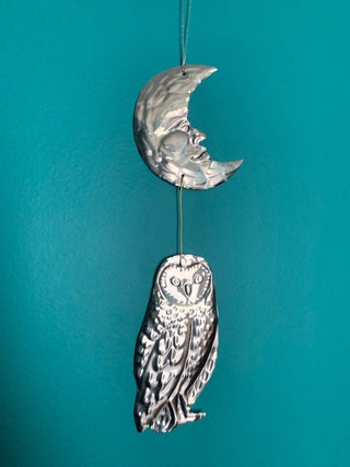 Celestial Moon and Owl Silver Foil Embossed Wall Decor