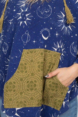 Boho Printed Poncho - Navy