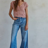 Boho Knit Sweater Crochet V-Neck Top