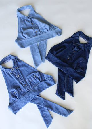 Sustainable boho halter top in assorted denim washes