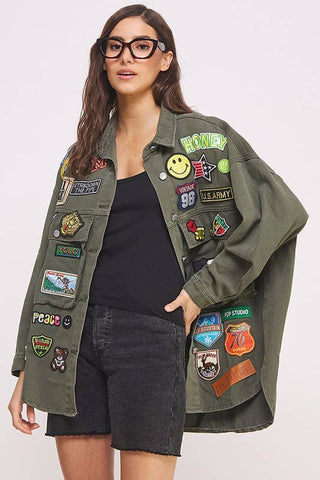 Multi Patch Oversize Olive Jacket - Plus Size