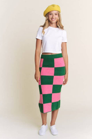 Checkered Knit Midi Skirt - Pink/Green