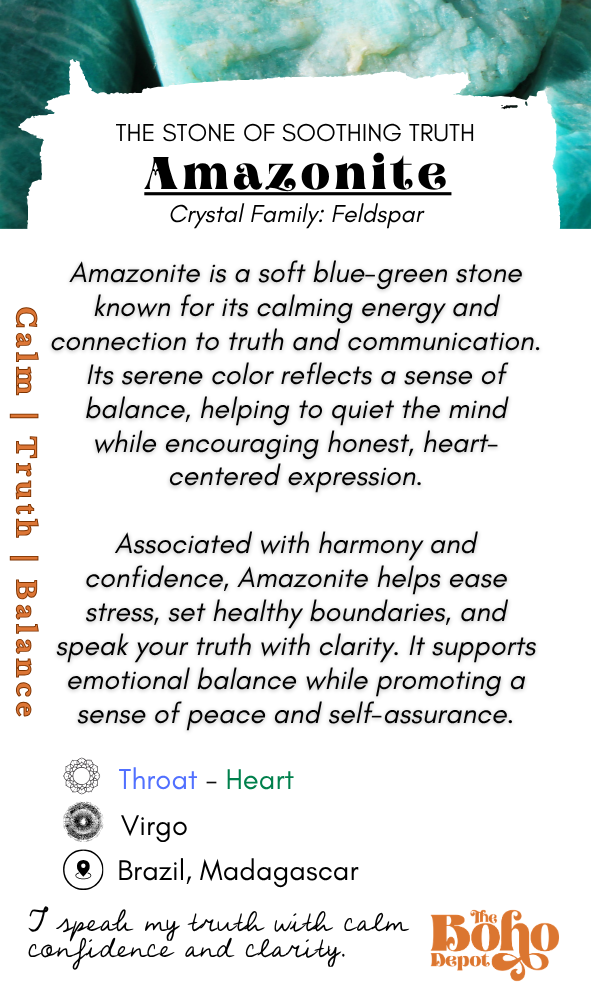 Information card about Amazonite stone with text and boho depot logo.