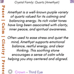 Information card about amethyst crystals with text and purple background